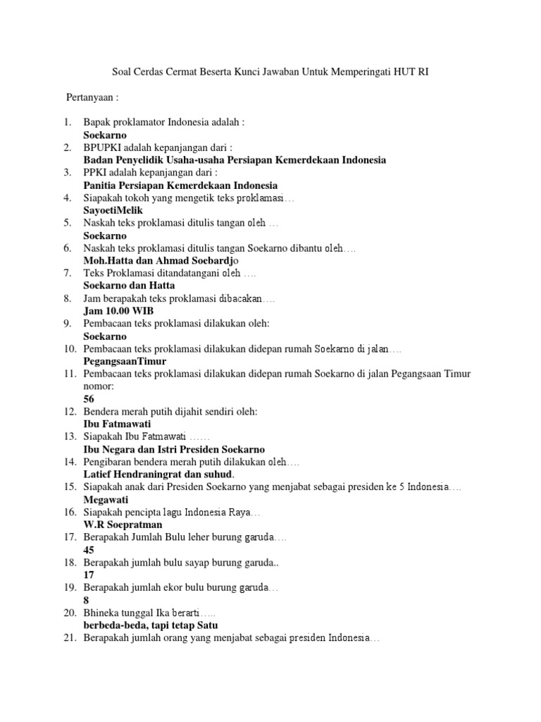 Soal Cerdas Cermat Beserta Kunci Jawaban Untuk Memperingati Hut Ri