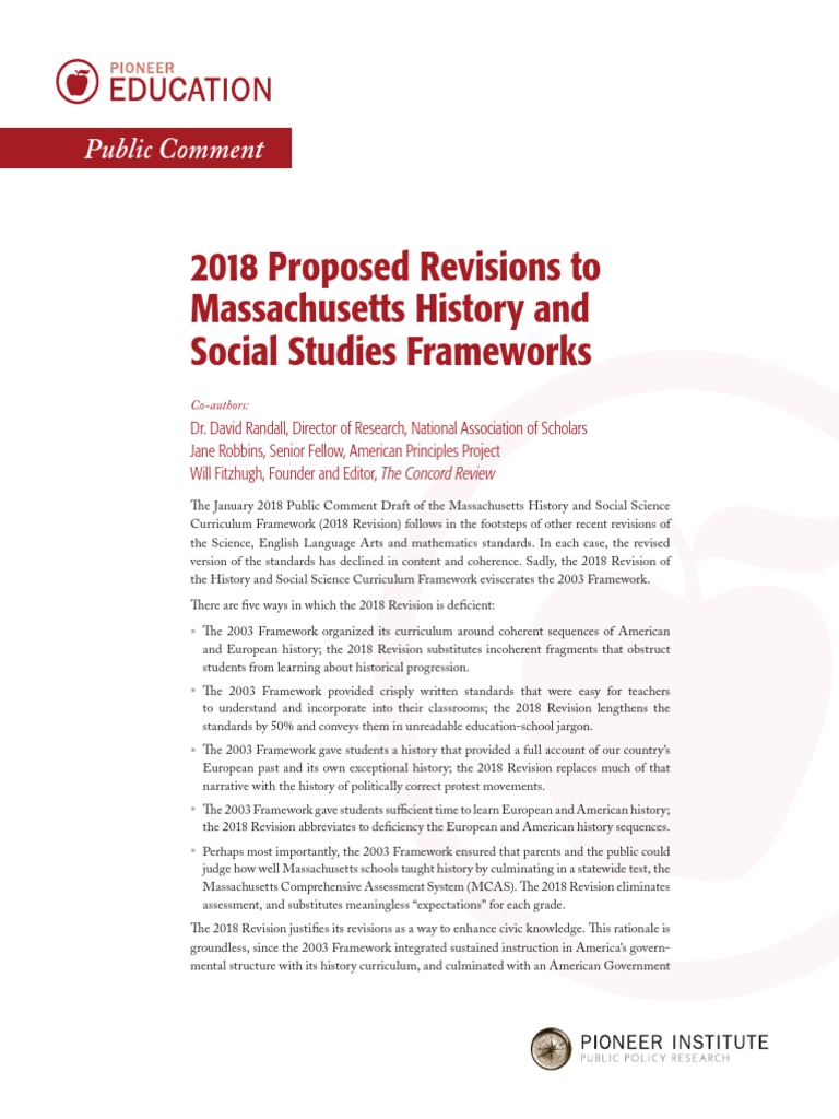 Comments On The 2018 Proposed Revisions To Massachusetts History and