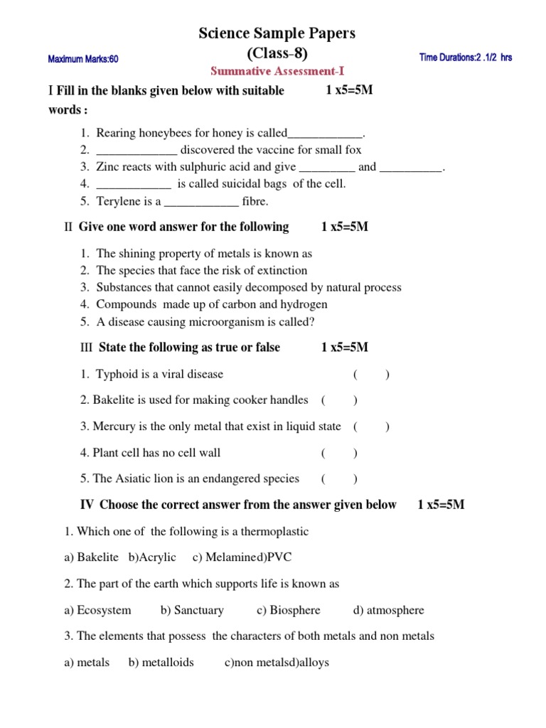 Class 8 Science Sample Paper 2024-25 | PDF | Carbon | Metals