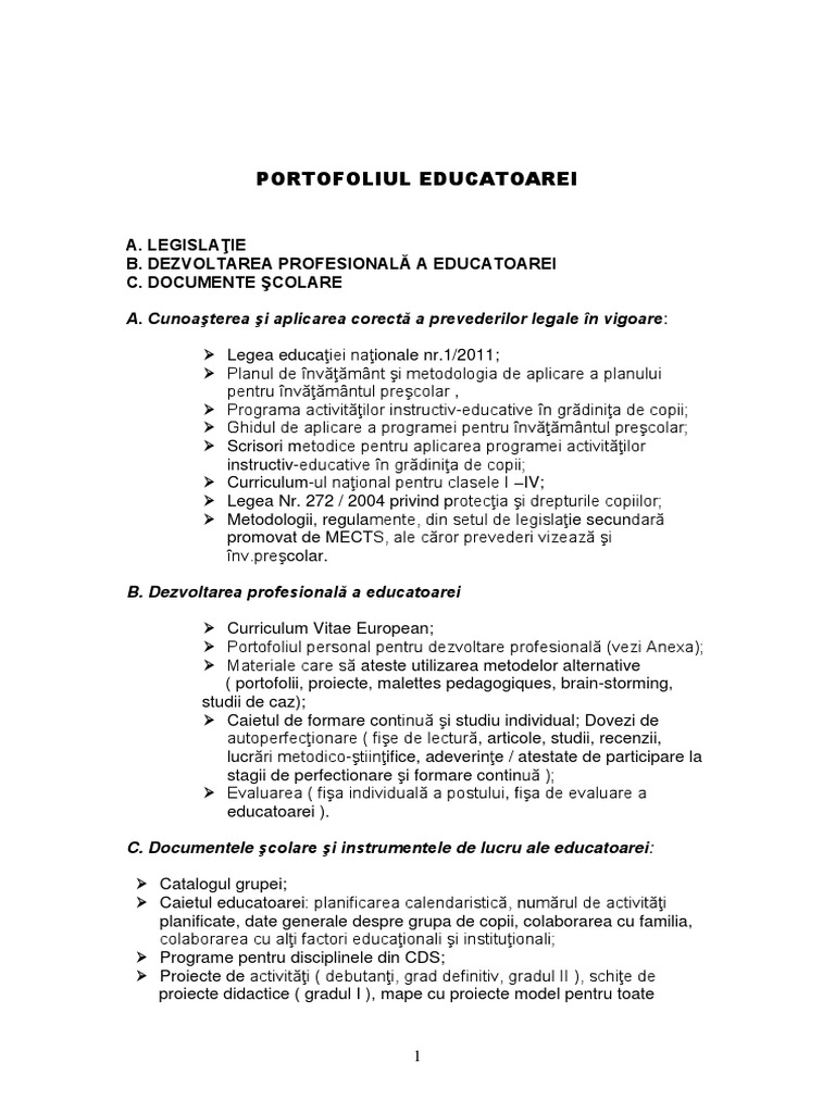 Portofoliul Educatoarei A Legislaţie B Dezvoltarea Profesională