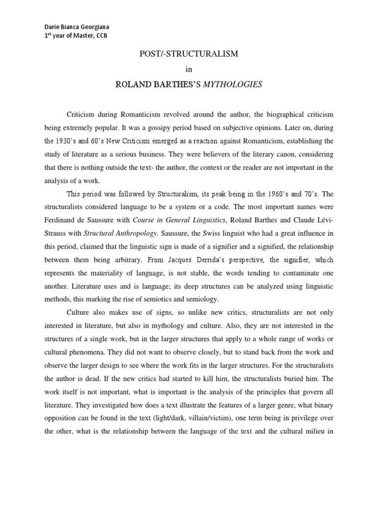 Post/Structuralism in Roland Barthes'S Mythologies Darie Bianca