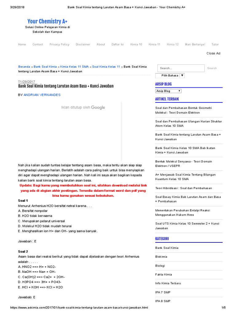 Soal Dan Jawaban Ikatan Kimia Kelas 10 Kunci Ujian