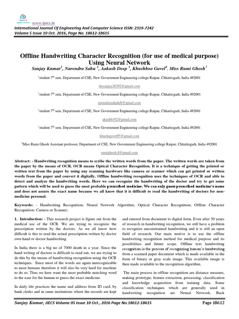 Offline Handwriting Character Recognition (For Use of Medical Purpose ...