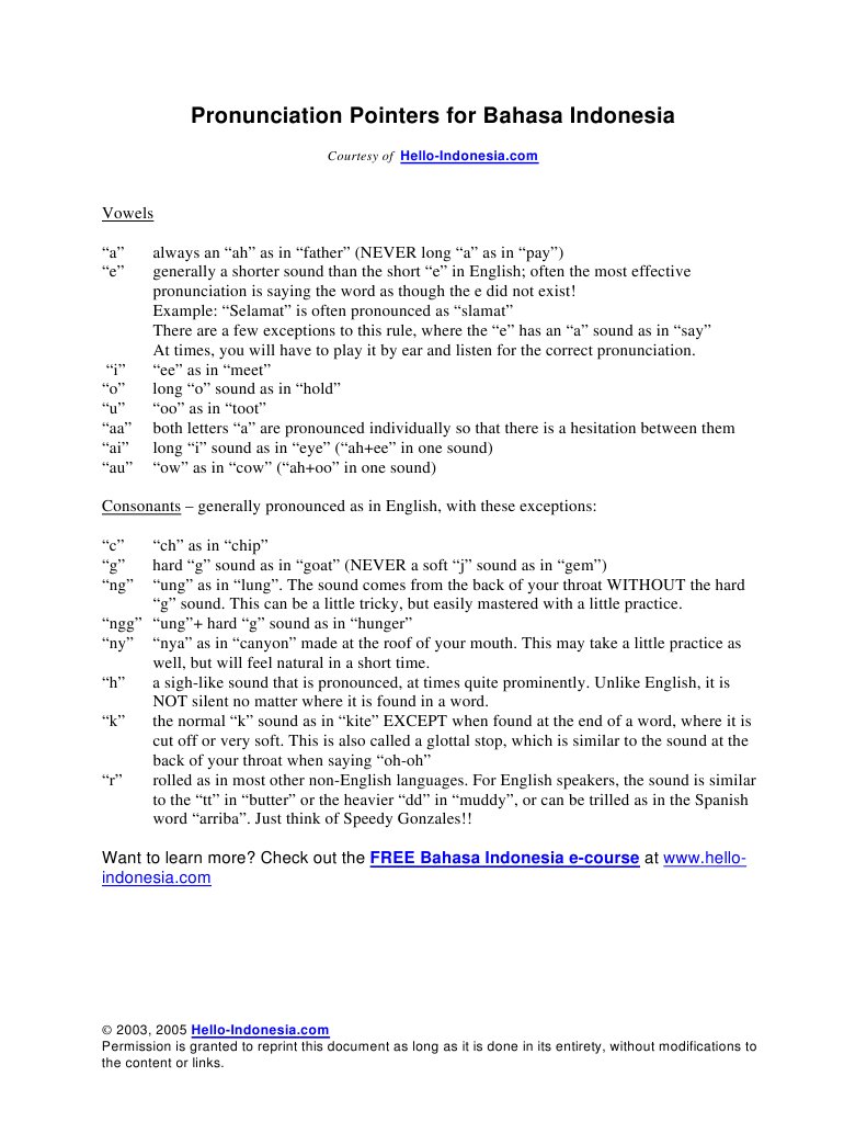 Pronunciation Pointers For Bahasa Indonesia: Courtesy of | PDF ...