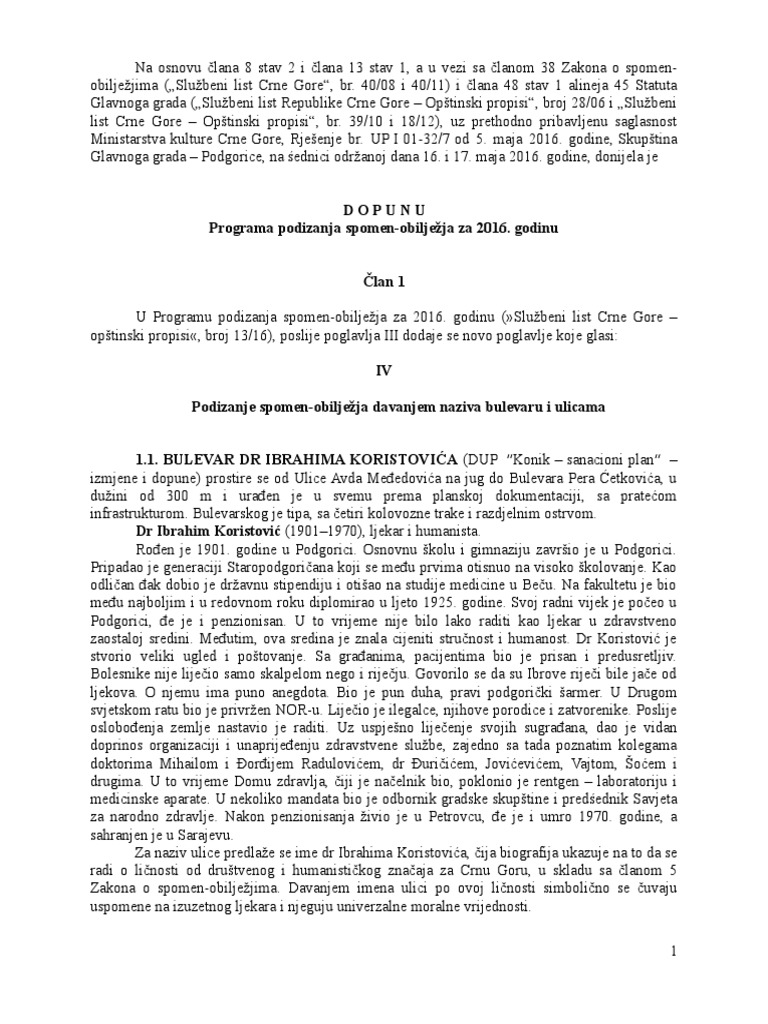 Dopuna Programa Podizanja SpomenObiljezja Za 2016. Godinu PDF