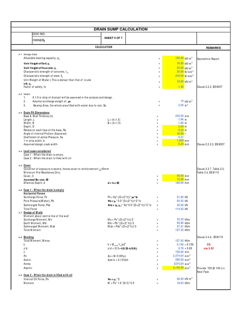 Drain Sump Calculation PDF Concrete Solid Mechanics