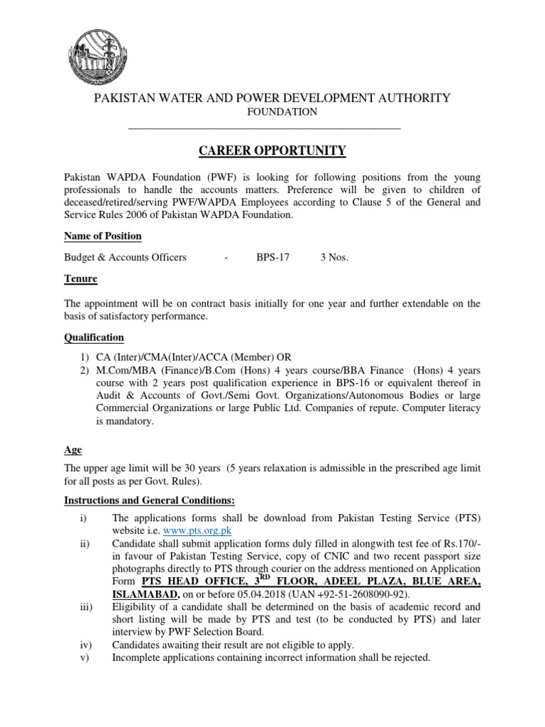 Pakistan Water and Power Development Authority Career Opportunity