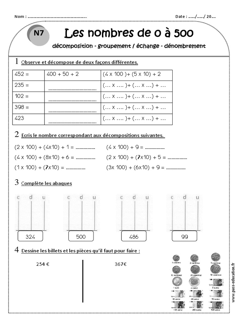 Nombres De 0 à 500 Ce1 Exercices Décomposition Groupement Échange