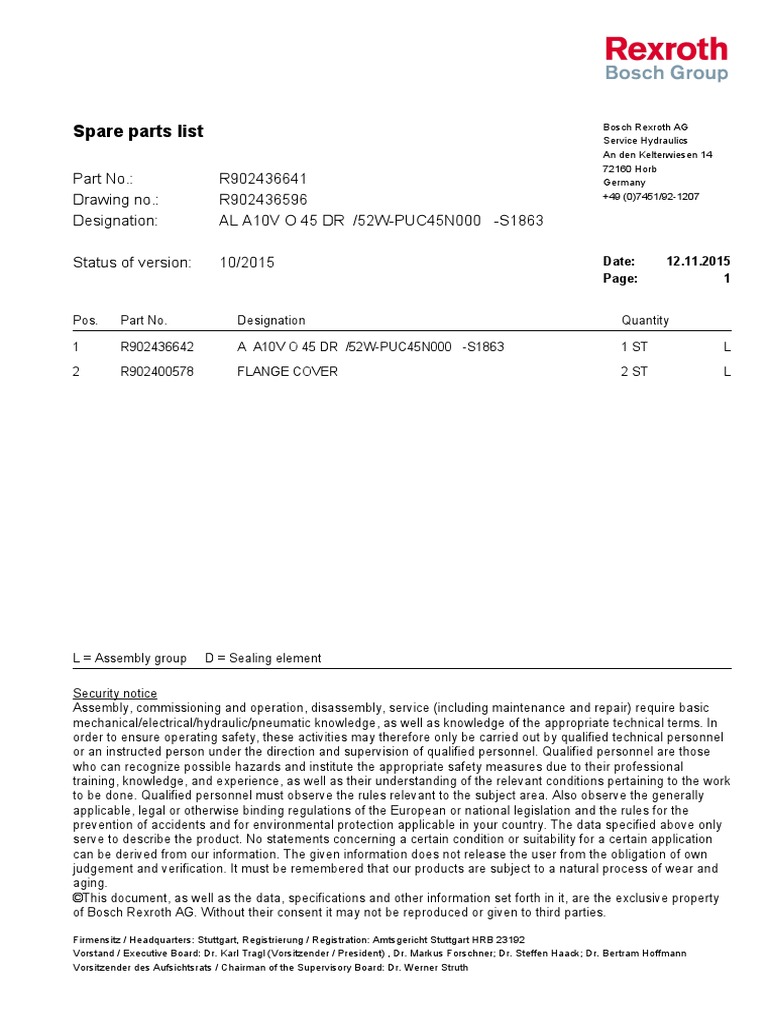 Ala10vo45dr 52w Puc45n000 S1863 R902436641 Safety Information