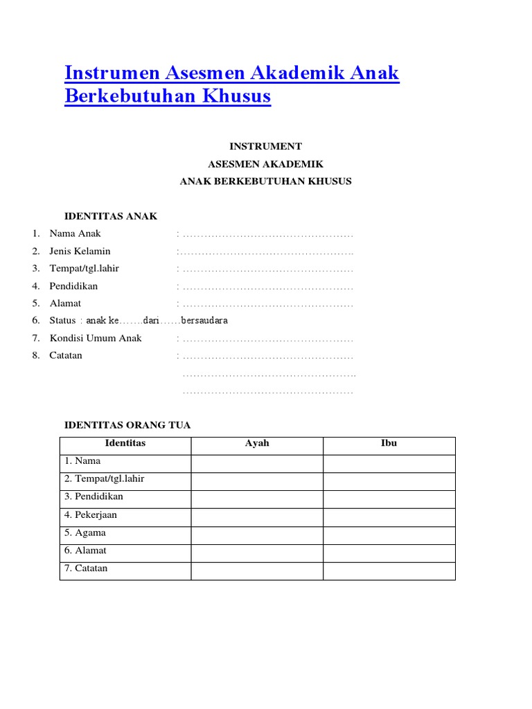 Contoh Instrumen Asesmen Akademik Anak Berkebutuhan Khusus