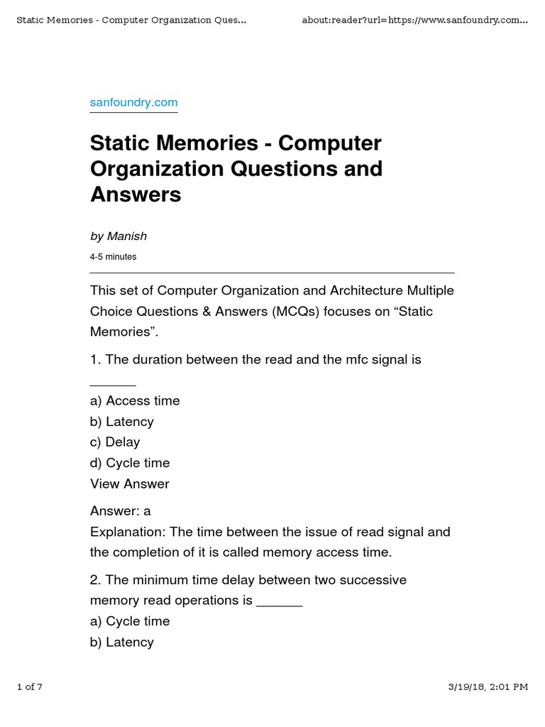 Static and Dynamic Memory MCQs | PDF | Dynamic Random Access Memory ...