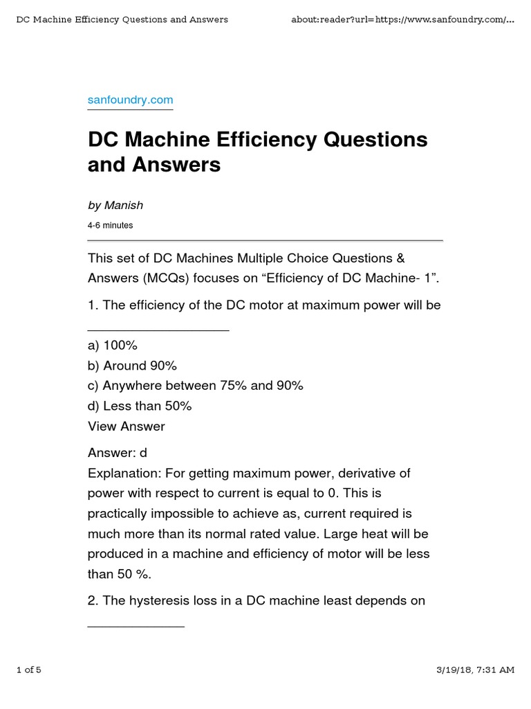 DC Machine Efficiency MCQs and Answers | PDF | Electric Generator ...