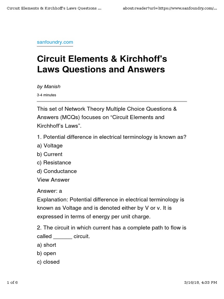 Questions & Answers On Circuit Elements and Kirchhoff's Laws PDF