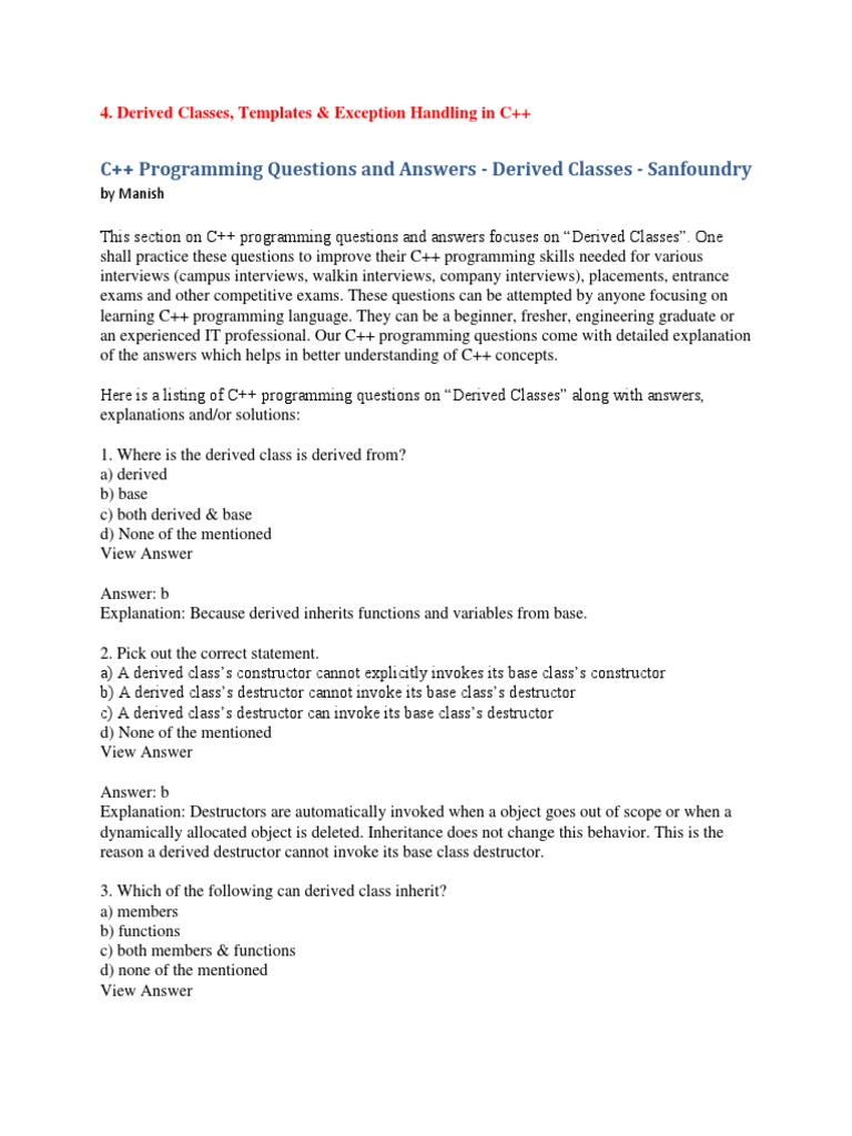 Derived Classes, Templates & Exception Handling in C++ PDF C++ Parameter
