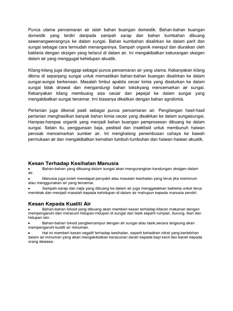 Punca Utama Pencemaran Air Ialah Bahan Buangan Domestik Pdf