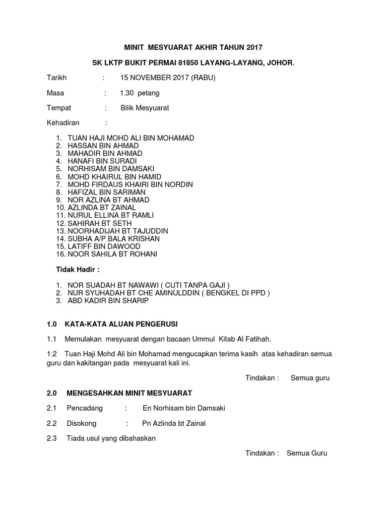 Minit Mesyuarat Guru Akhir Tahun 2017 Pdf