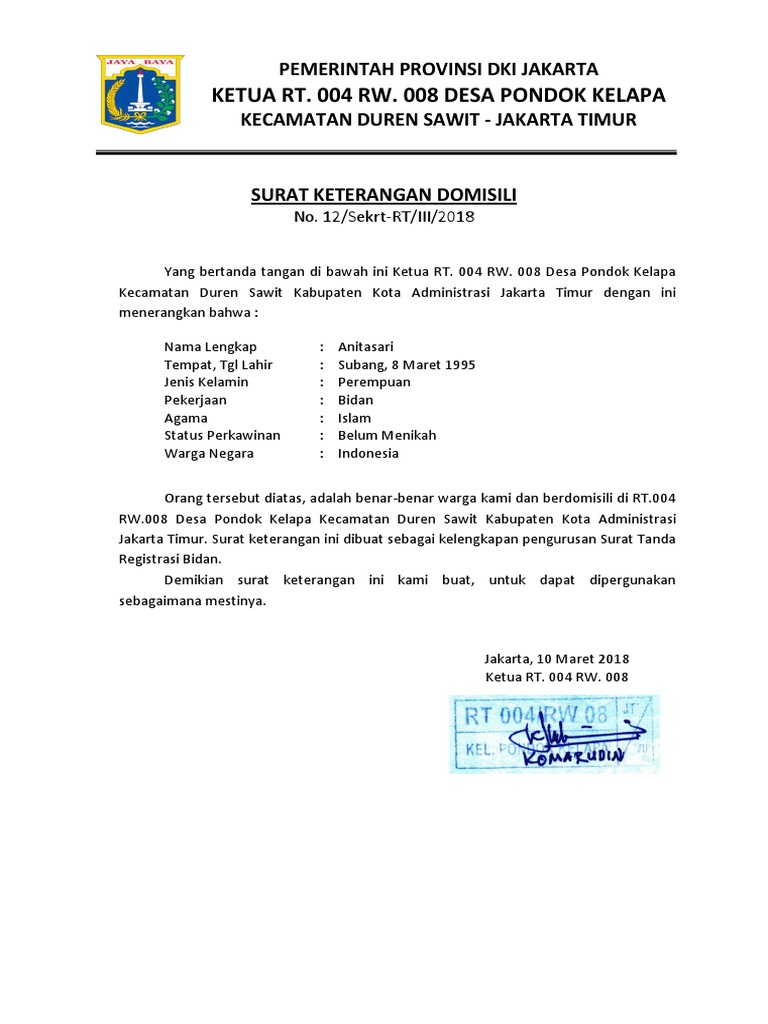 Contoh Surat Keterangan Domisili Jakarta
