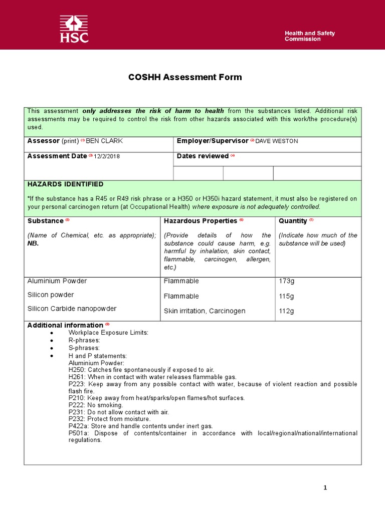 Coshh Assessment Form | Personal Protective Equipment | Occupational