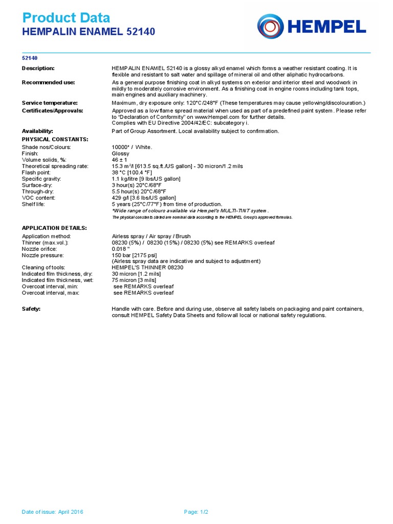 Hempalin Enamel 52140 | PDF | Volatile Organic Compound | Paint
