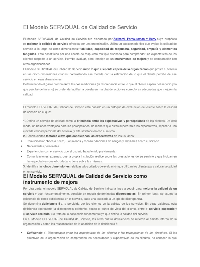 El Modelo Servqual De Calidad De Servicio Pdf Cuestionario