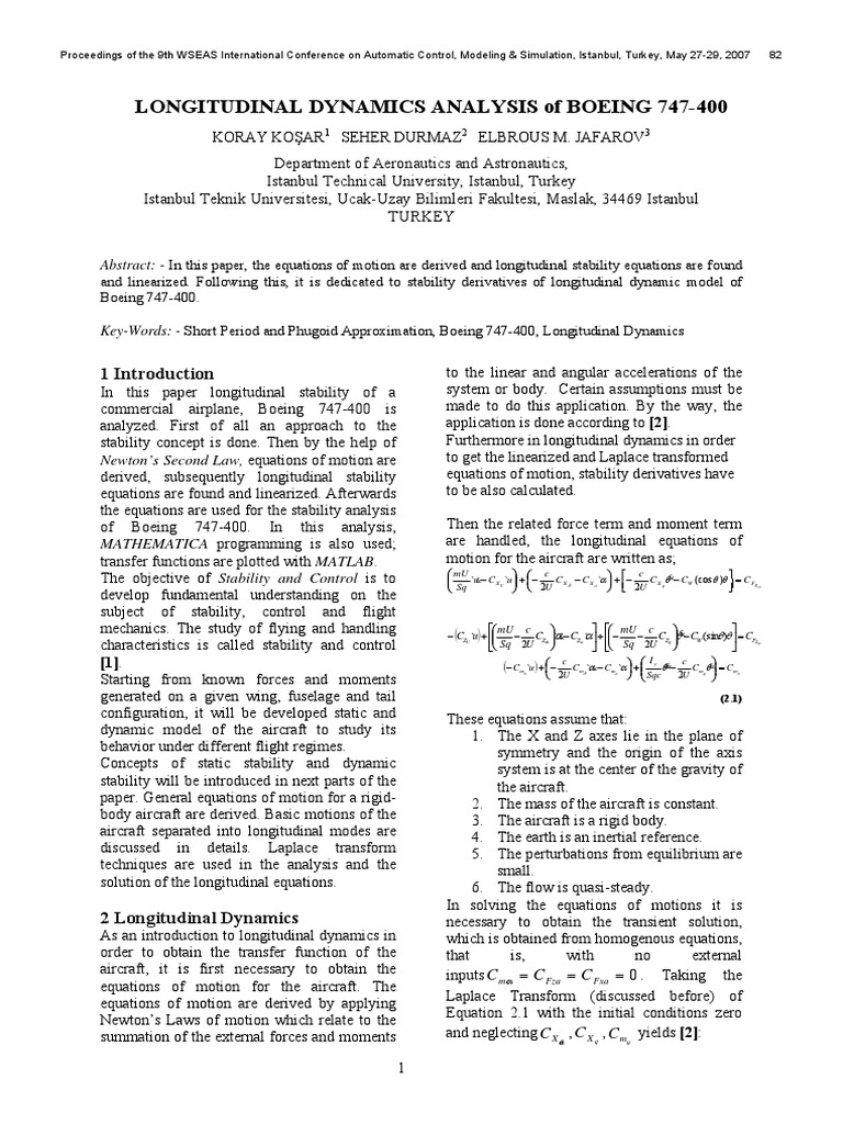 747 Longitudinal Dynamics Aircraft Equations Of Motion