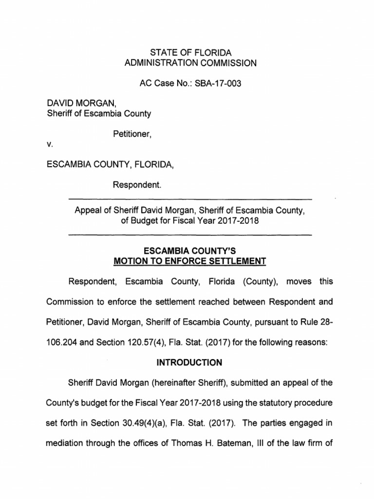 Escambia County #39 s Motion To Enforce Settlement PDF Sheriff Mediation