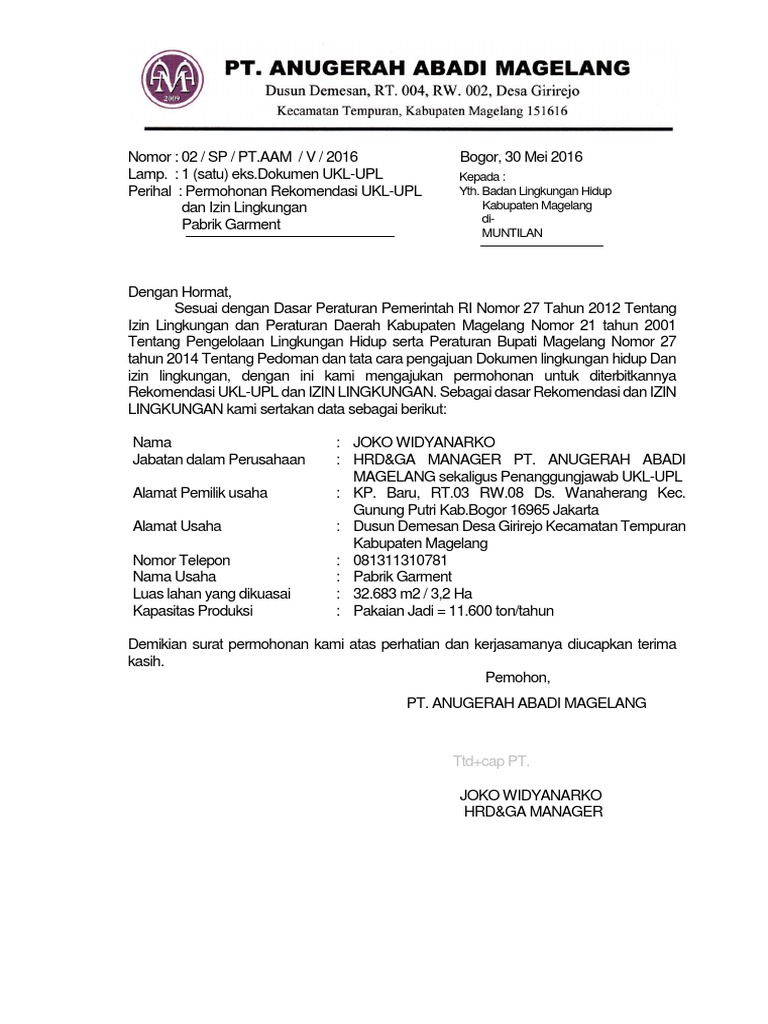 Contoh Surat Permohonan Ipal