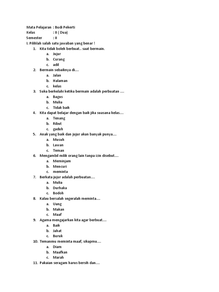 Mengasah Akhlak Mulia Sejak Dini: Contoh Soal UTS Budi Pekerti Kelas 2 SD yang Mendalam