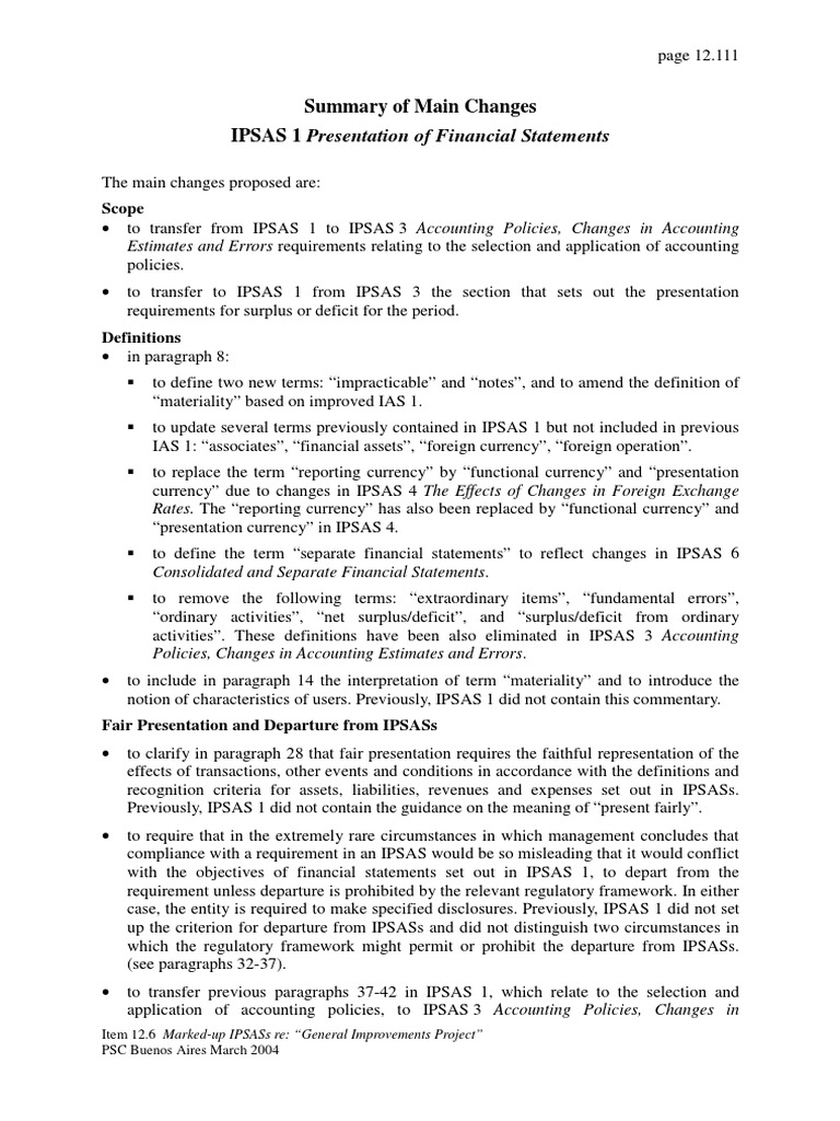 Summary of Main Changes IPSAS 1 Presentation of Financial Statements ...