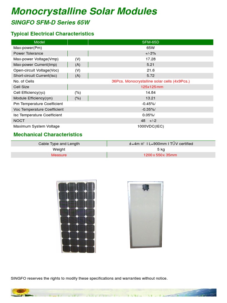 65W Monocrystalline Solar Module Specs | PDF | Science & Mathematics ...