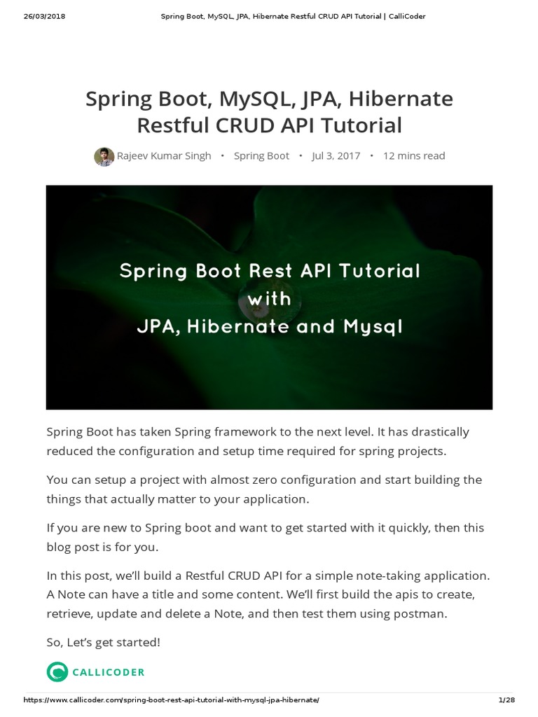 Spring Boot, MySQL, JPA, Hibernate Restful CRUD API Tutorial - CalliCoder |  PDF | Application Programming Interface | Representational State Transfer