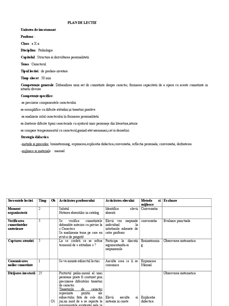 Plan de Lectie Caracterul | PDF