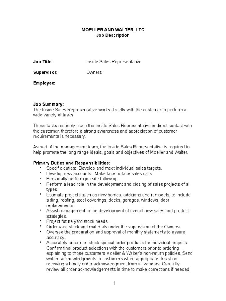 Inside Sales Rep Job Description PDF Sales Diploma