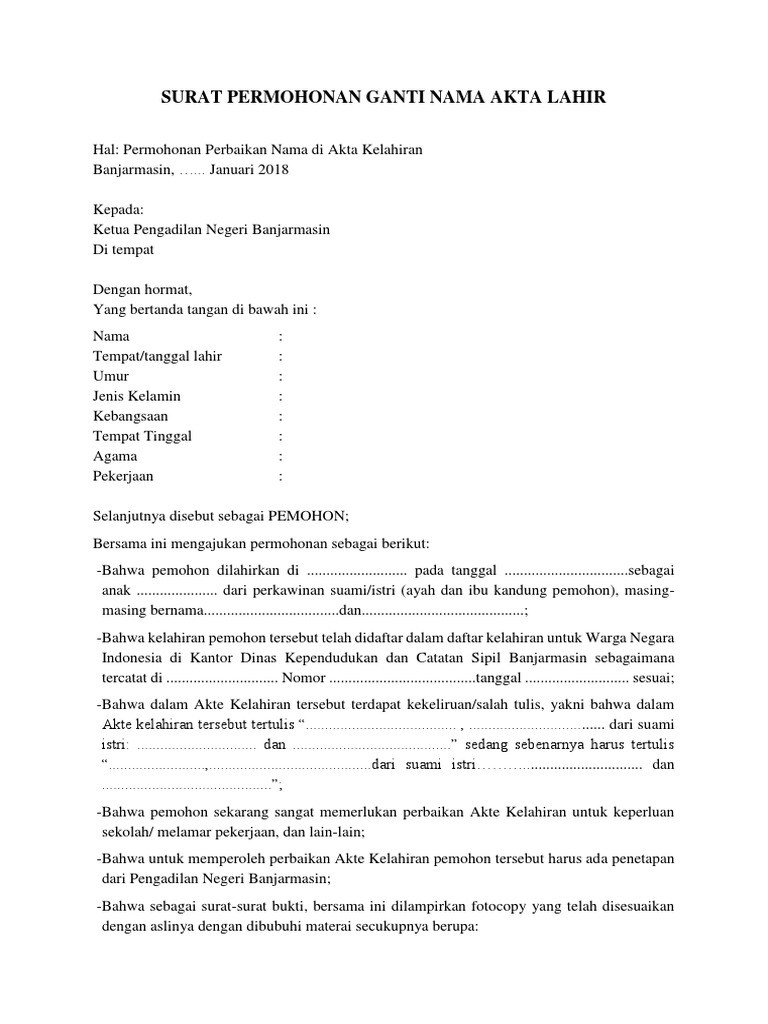 Surat Permohonan Ganti Nama Akta Lahir