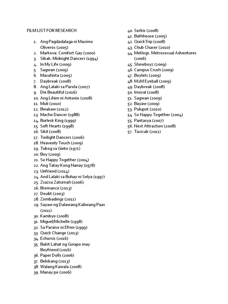 Filipino Gay Cinema Film List | PDF