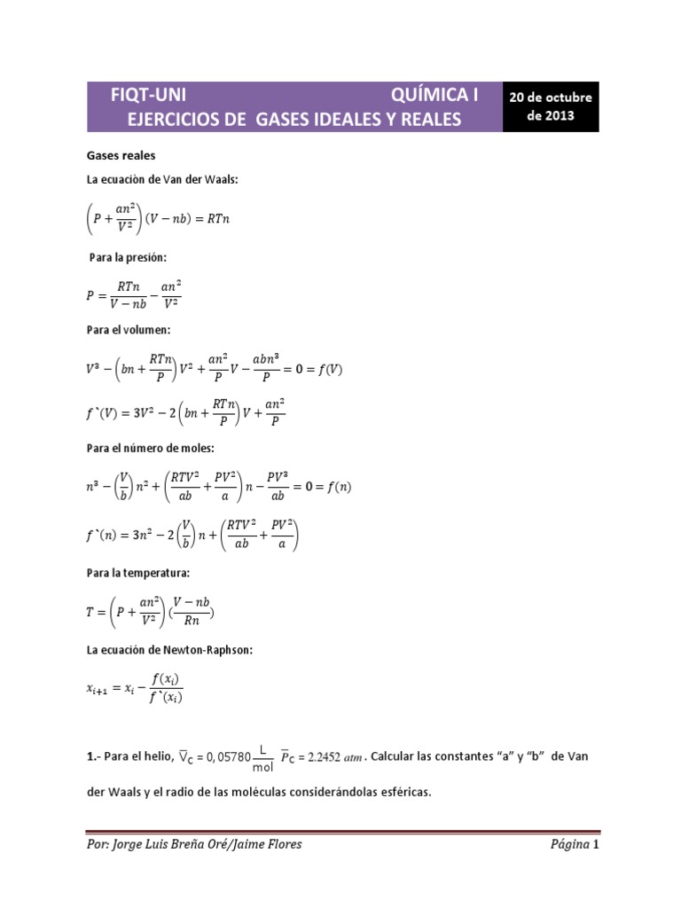 Ejercicios de la Ecuación de Van der Waals | PDF | Gases | Mole (Unidad)