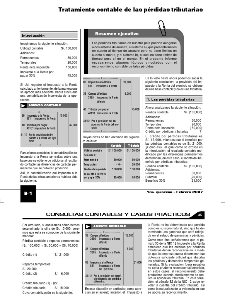 Tratamiento Contable de Pérdidas Tributarias | PDF | Amortización ...