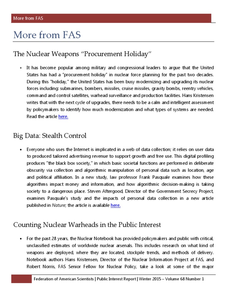 FAS Reports 029 More From Fas Winter 2015 | PDF | Nuclear Weapons ...