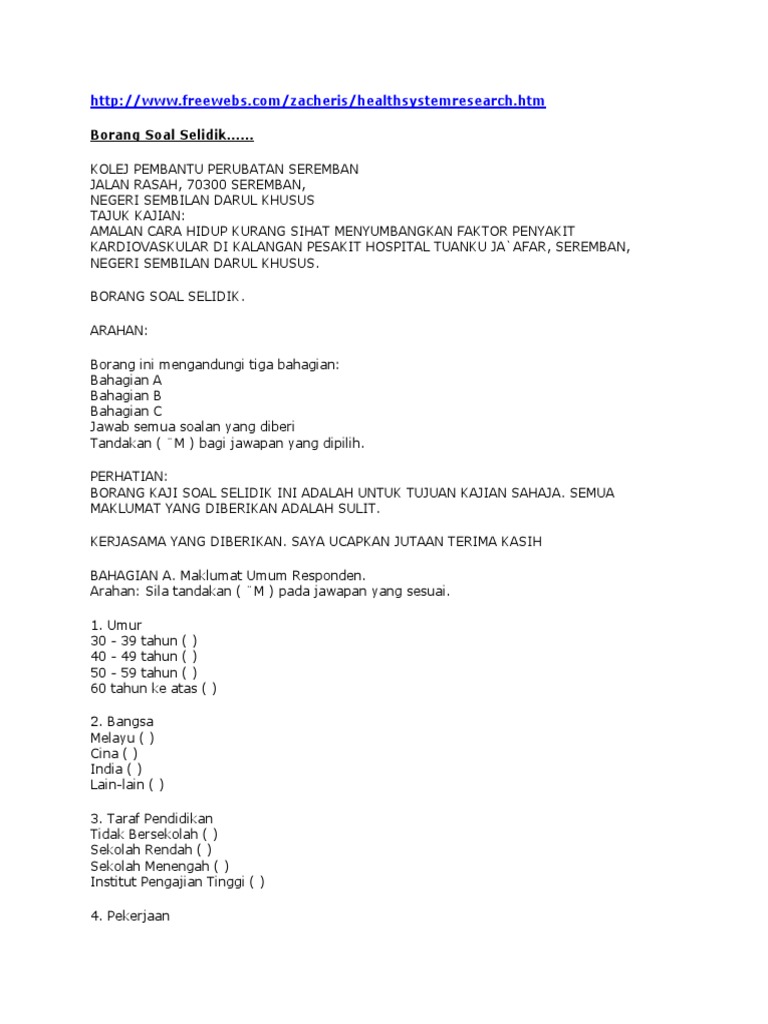 Contoh Soal Selidik Amanlan Hidup Sihat Dan Isu Kardiovascular Pdf