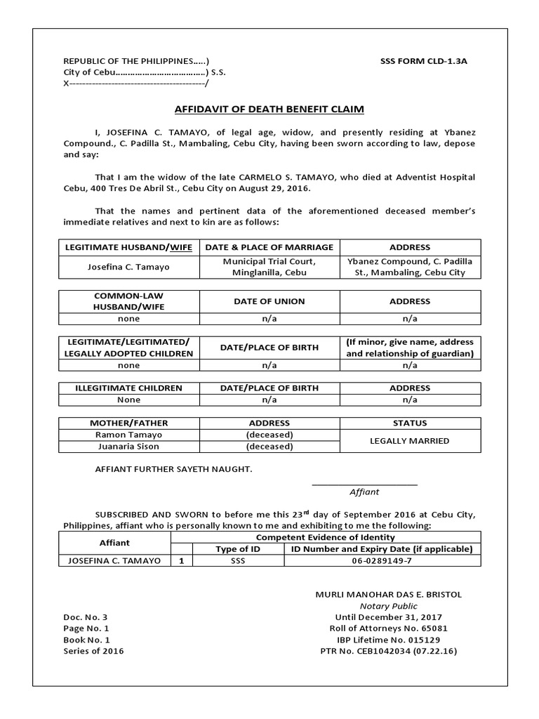 Affidavit of Death Benefit Claim | Affidavit | Marriage ...