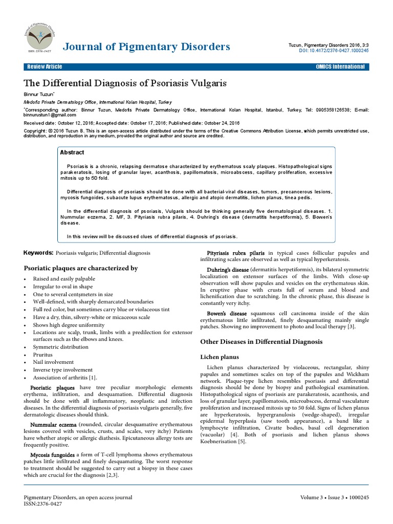 The Differential Diagnosis of Psoriasis Vulgaris 2376 0427 1000245