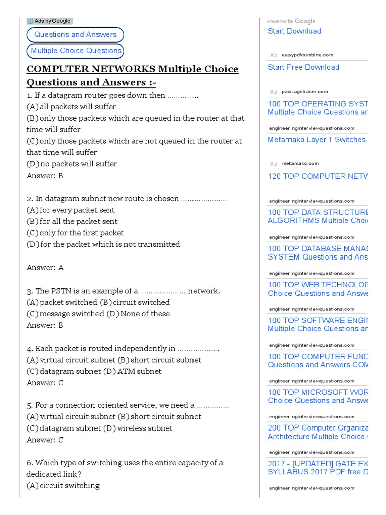 Networking Questions Multiple Choice PDF Routing Network Congestion
