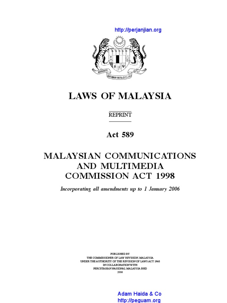 Act 589 Malaysian Communications and Multimedia Commission Act 1998 PDF Common Law Virtue
