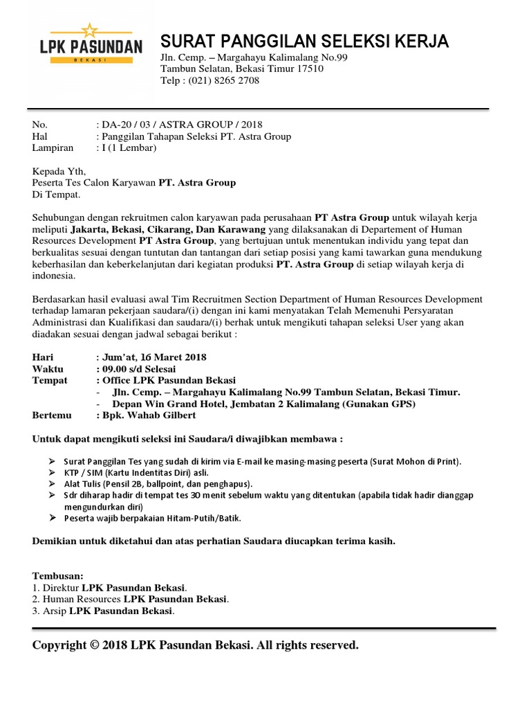 Surat Panggilan Seleksi Pt Astra Group