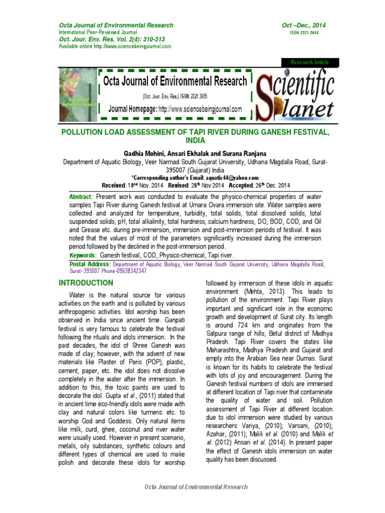 Pollution Impact of Ganesh Festival on Tapi River | PDF | Chemistry ...
