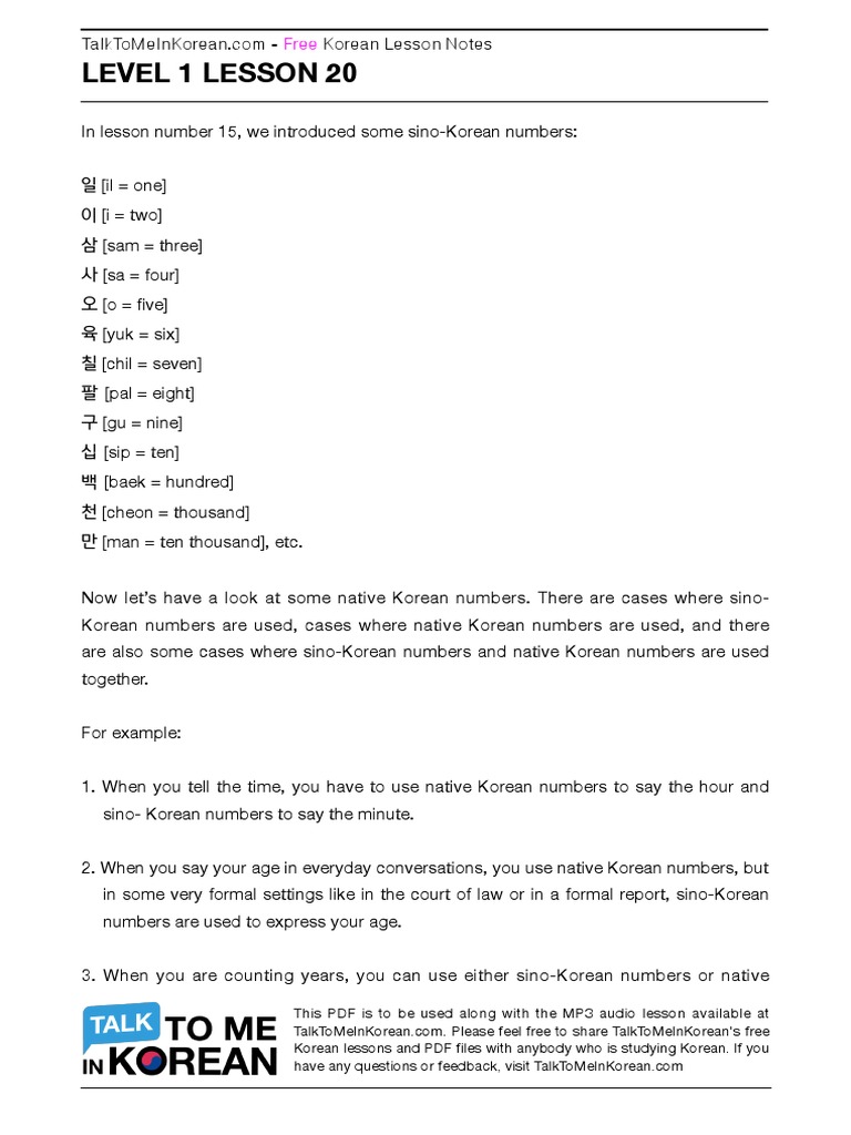 Lesson Korean Numbers Pdf Korean Language Language Mechanics