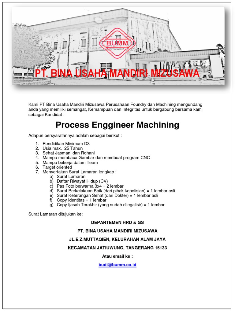 Lowongan Kerja Engineer Machining
