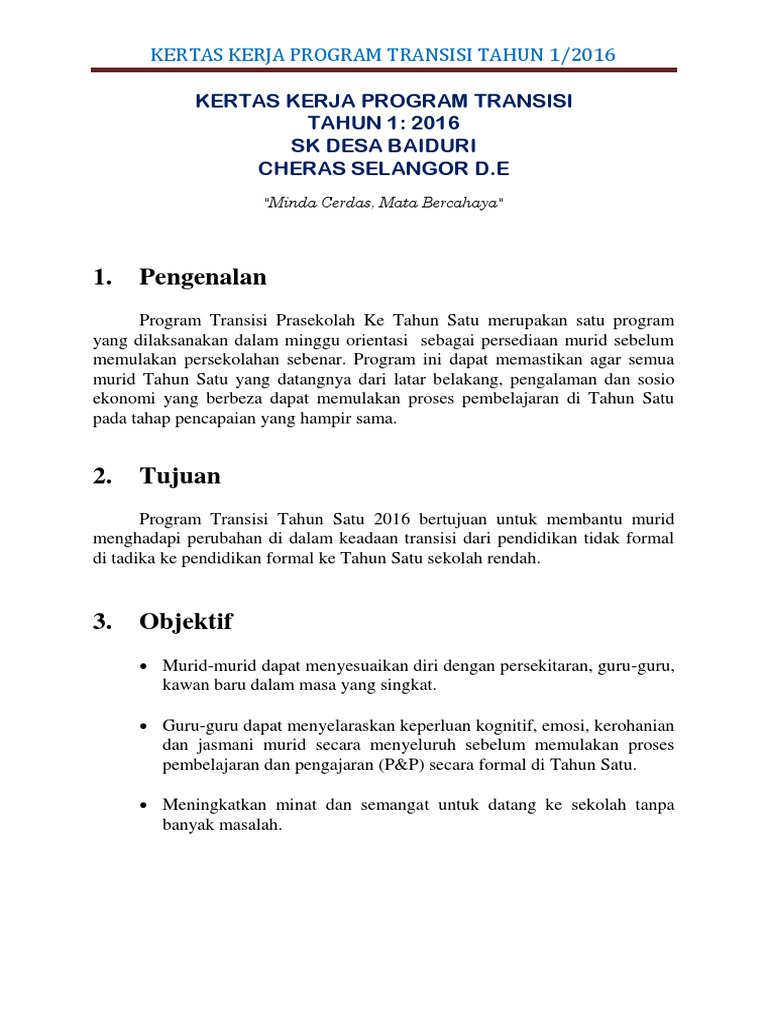 Kertas Kerja Program Transisi 16 | PDF
