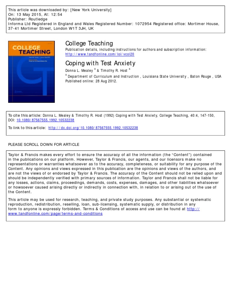 Coping With Test Anxiety - Mealey1992 | PDF | Anxiety | Learning