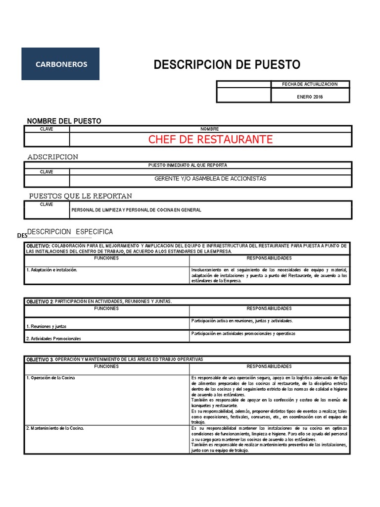 Descripción de Puestos CHEF EJECUTIVO | Información | Toma de decisiones